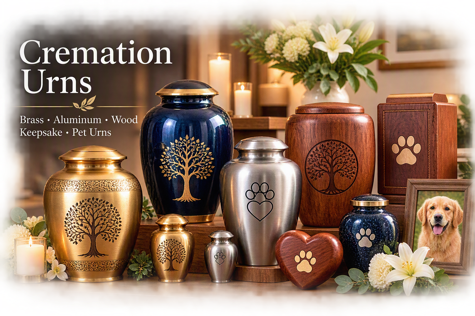 Display of cremation urns made from brass, aluminum, wood, and pet urns, with floral arrangements, candles, and a framed photo of a happy golden retriever.