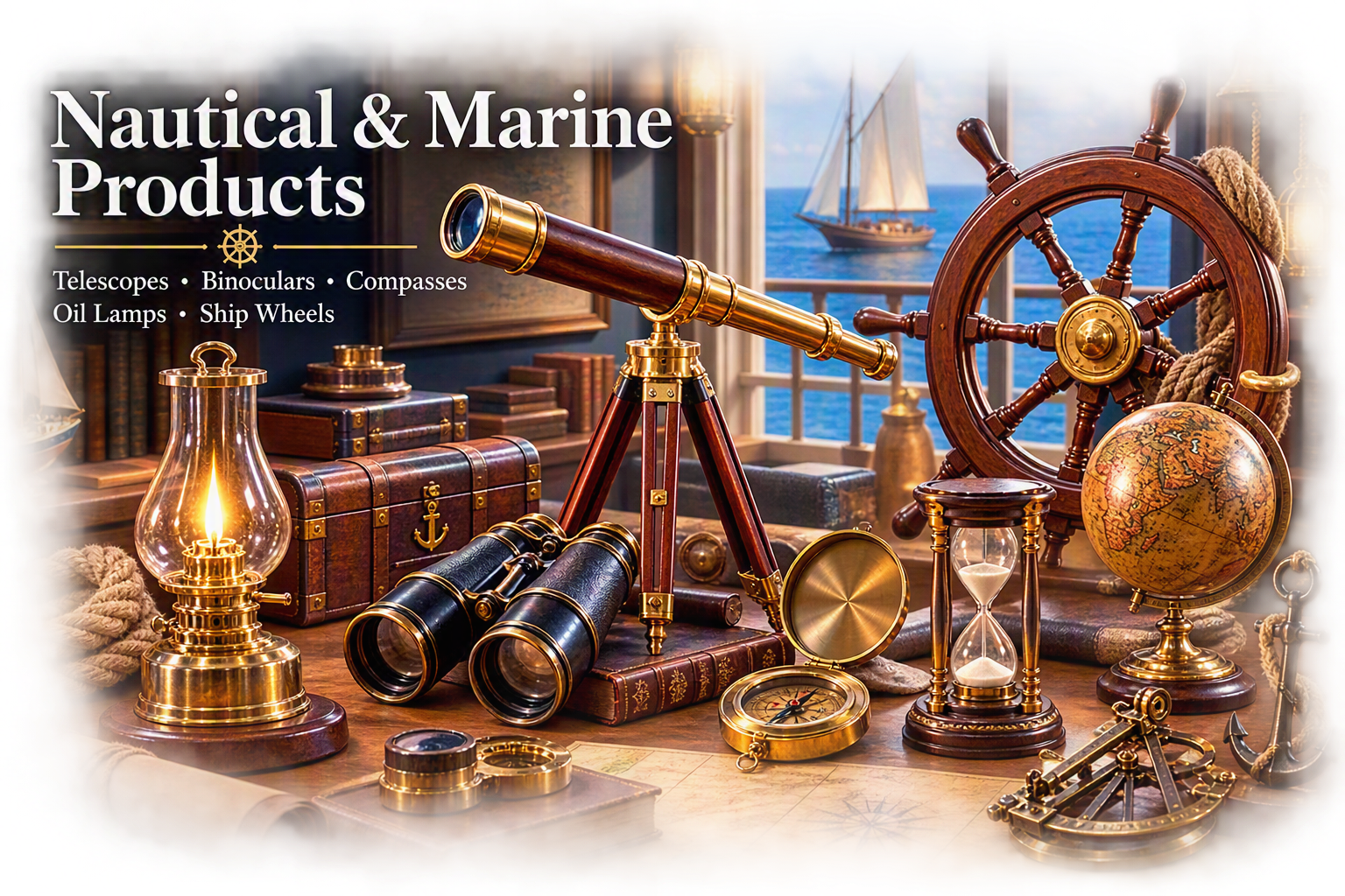Nautical and marine themed items on a wooden desk, including a telescope, ship wheel, globe, hourglass, compass, binoculars, oil lamp, and a chest, with a ship sailing on the ocean visible through a window in the background.