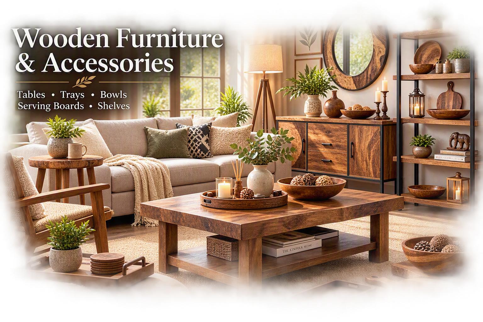 Cozy living room with wooden furniture, potted plants, candles, and decorative accessories. Text overlay promoting wooden furniture and accessories.