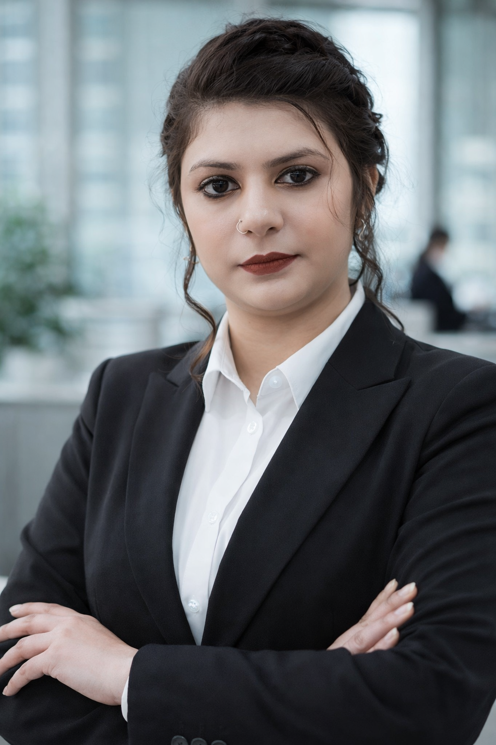 A confident young woman with dark hair, wearing a black blazer and white shirt, standing in an office environment with glass windows and blurred background.