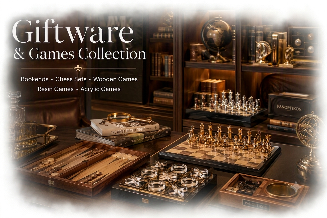 Image of a collection of giftware and games, including chess sets, wooden games, resin games, and acrylic games, displayed on a wooden table in front of a bookshelf with decorative globes and books.