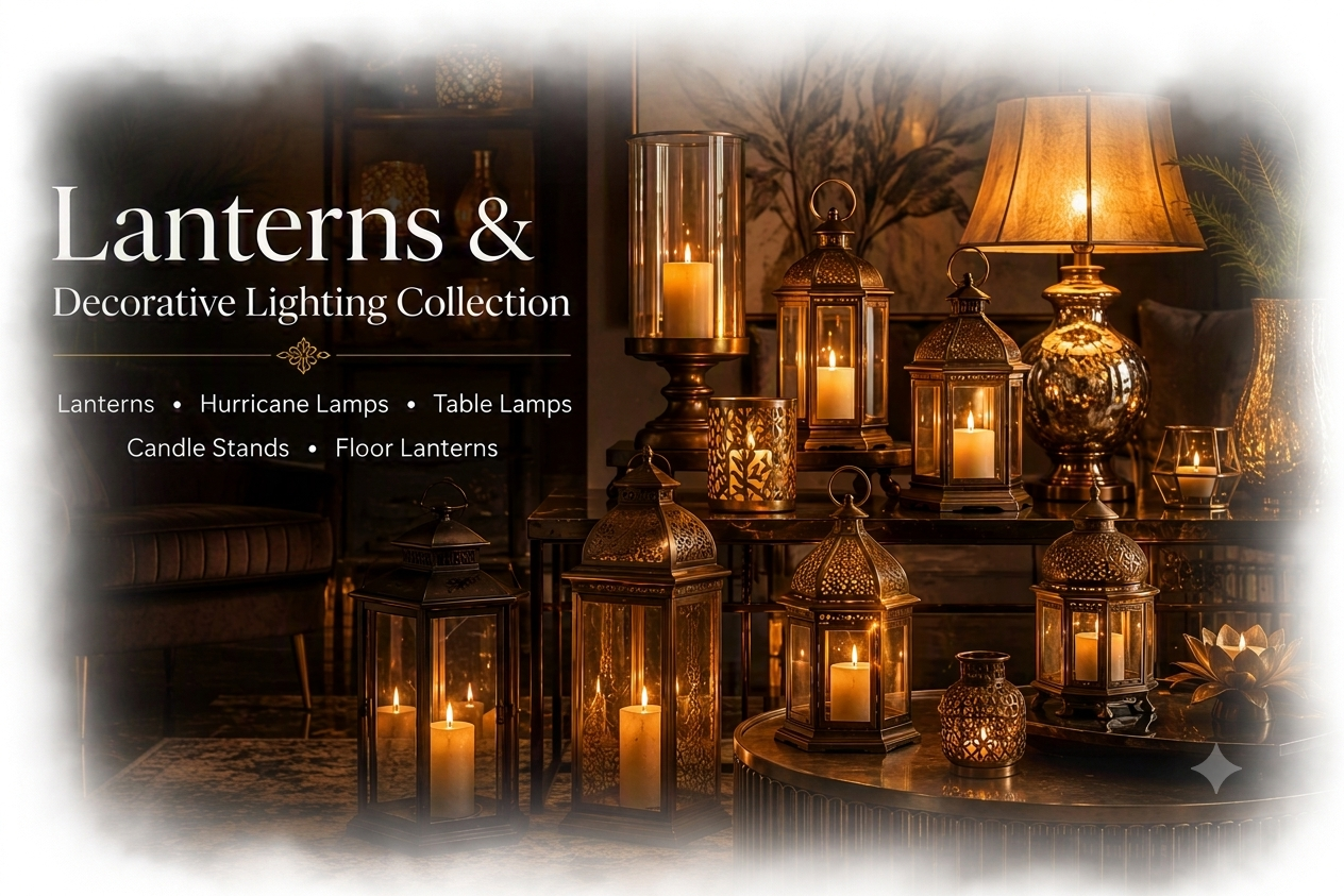 Decorative collection of illuminated lanterns, hurricane lamps, table lamps, candle stands, and floor lanterns in a warm, cozy room.