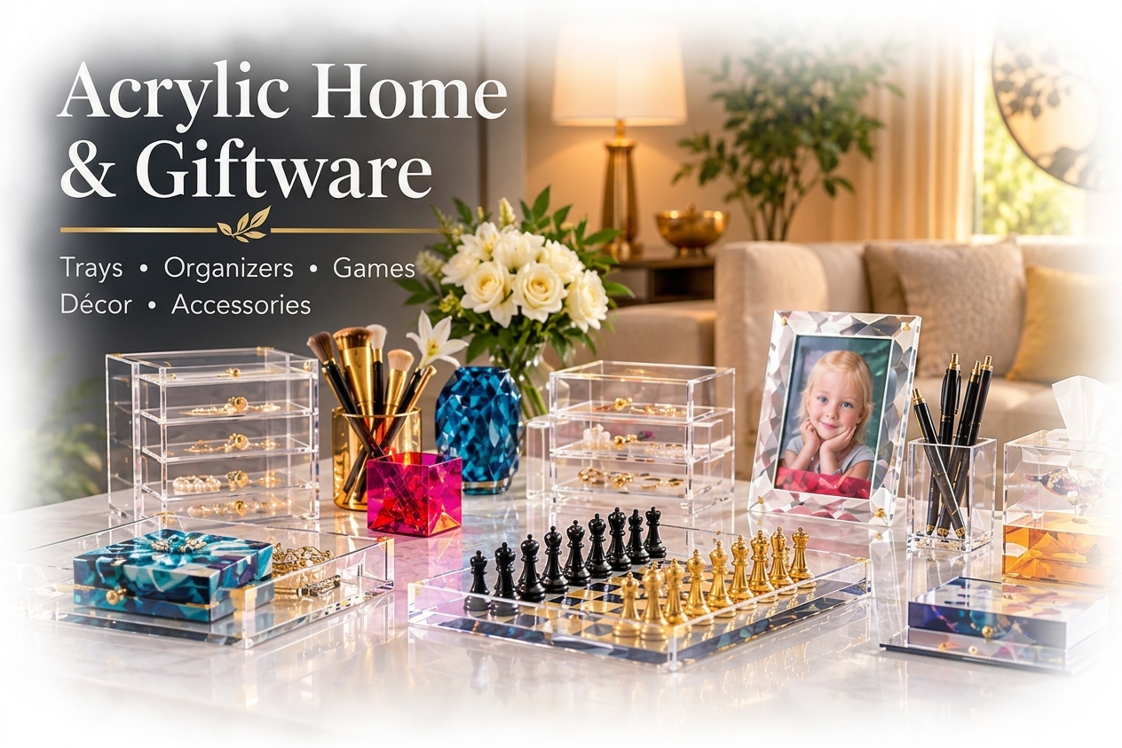 Display of acrylic home and giftware products including jewelry organizer trays, chess set, makeup brushes, pens, decorative boxes, and a framed photograph on a white table with a floral centerpiece. In the background is a cozy living room with beige