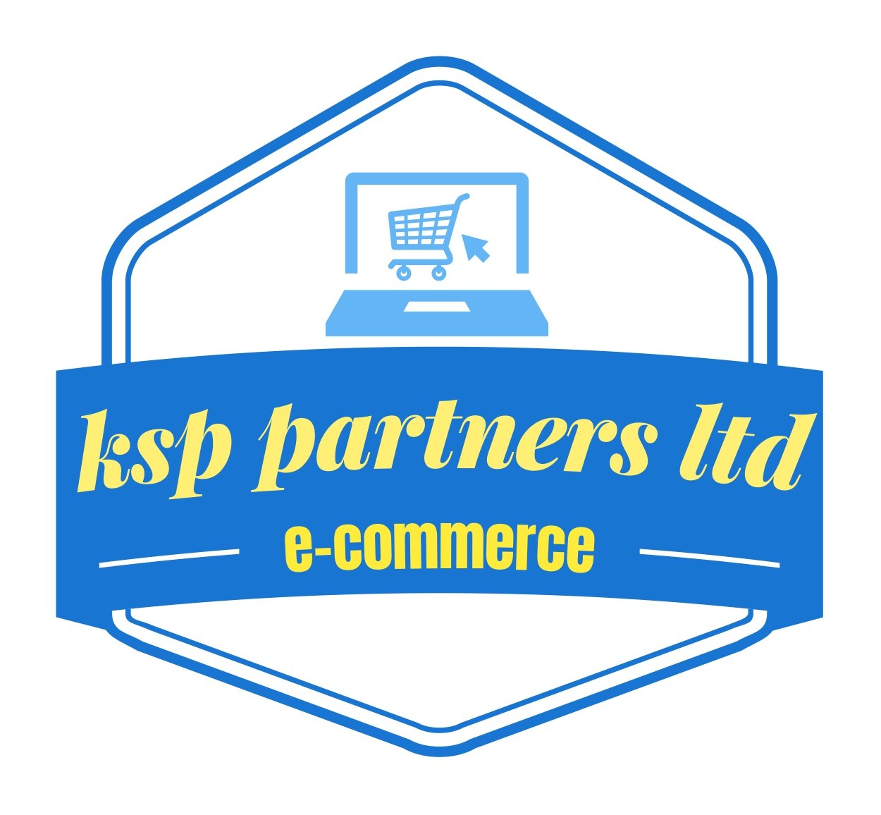 Blue and yellow logo for KSP Partners Ltd E-Commerce, featuring a shopping cart on a computer screen.