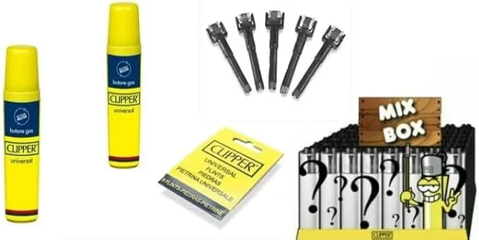 Clipper Lighters Random Design, 5 Pack with 2 Mini G, 1 Pack Flints, 5 Wheels