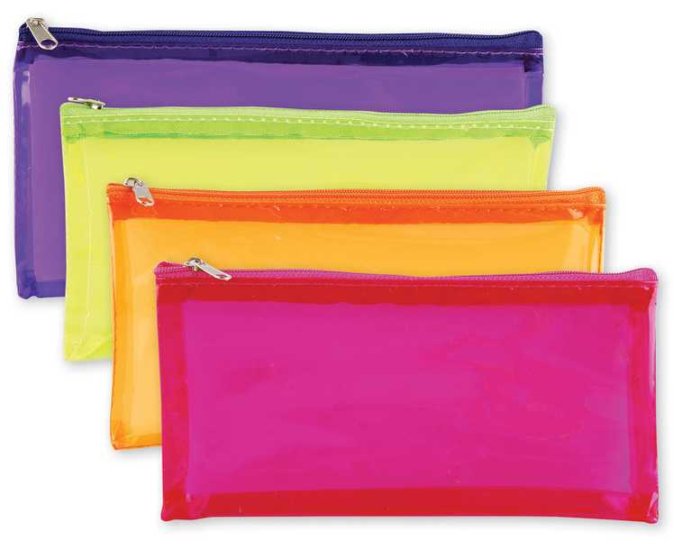 Pencil Case Clear view Large Rectangular plastic Assorted Colours