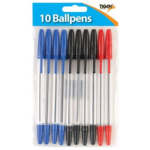 Tiger Crystal Ballpoint Pen Medium Black, Red & Blue Pack Of 10