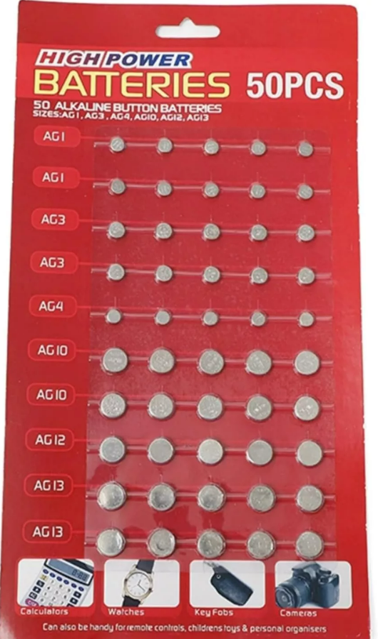 50 ASSORTED BUTTON CELL WATCH BATTERY BATTERIES AG 1 / 3 / 4 / 10 / 12 / 13 UK