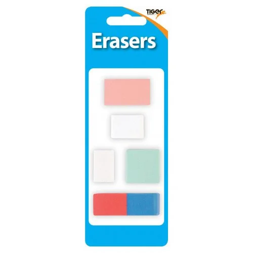 Pack 5 Assorted Design Erasers Blister
