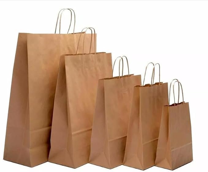 50 Takeaway Bags Brown Kraft Paper SOS Food Carrier Bags with Handles Eco Friendly Safe Party Takeaway Bar Restaurant, Lunch Picnic, Chinese Food