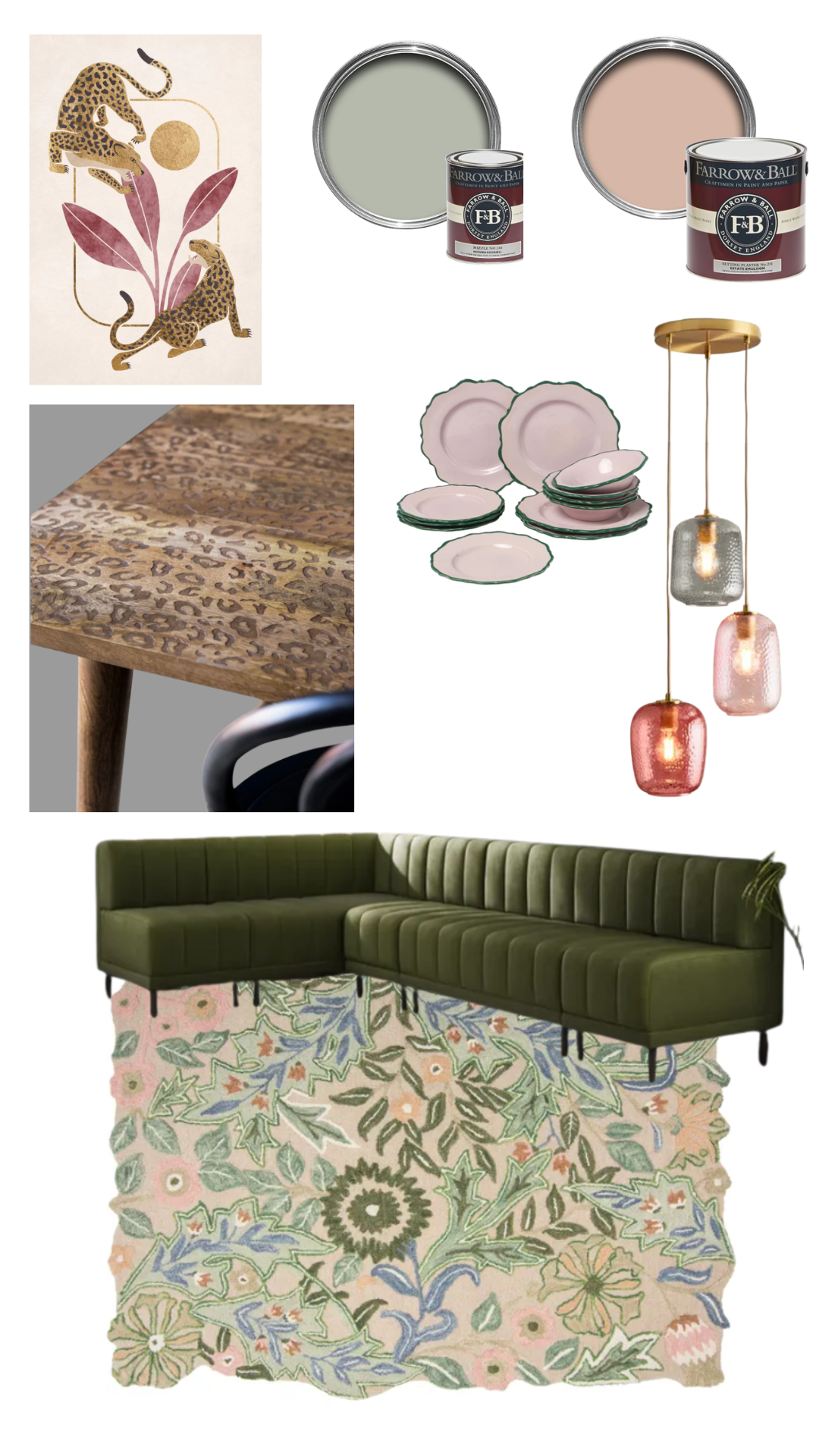 Leopard print and botanical dining room moodboard