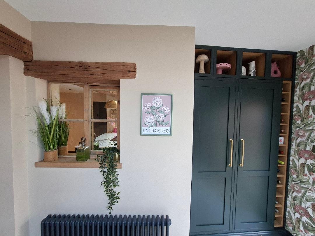 kitchen view with antique glass window
