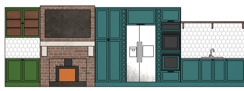 Rendered kitchen wall elevation created in SketchUp, illustrating the proposed cabinetry, finishes and design details.