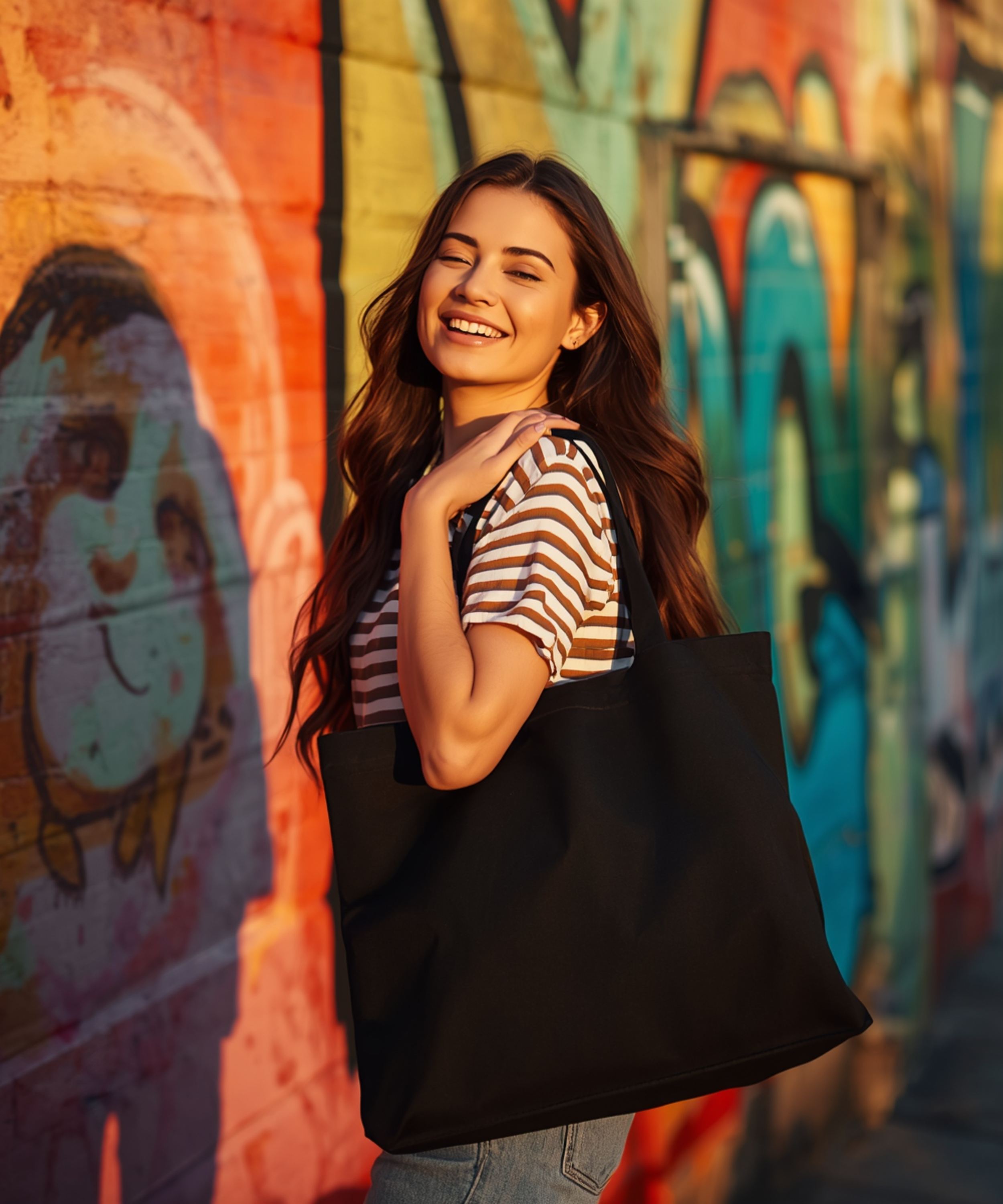 A young woman with long brown hair smiling and winking, standing against a colorful graffiti wall, wearing a striped shirt and carrying a black tote bag.