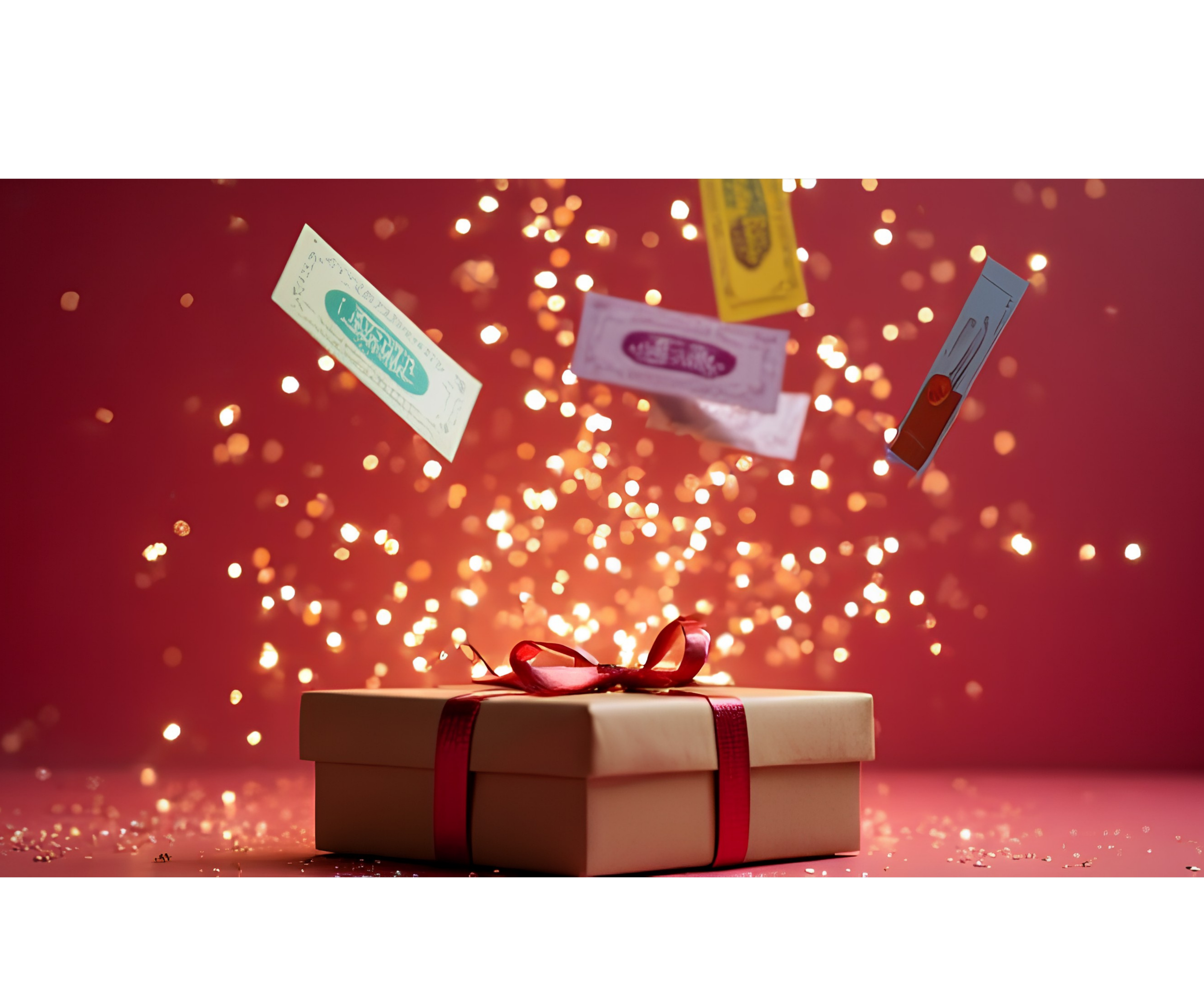 A gift box with a red ribbon, surrounded by floating dollar bills and glitter, against a red background with bokeh lights.