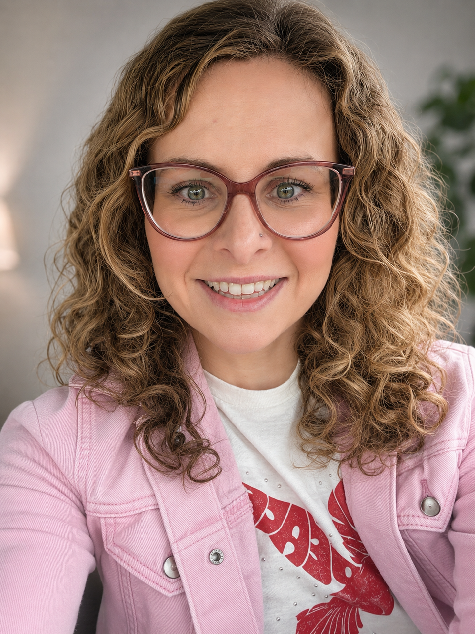 A woman with curly blonde hair, wearing large pink glasses, a pink jacket, and a white T-shirt with a red design, smiling at the camera.