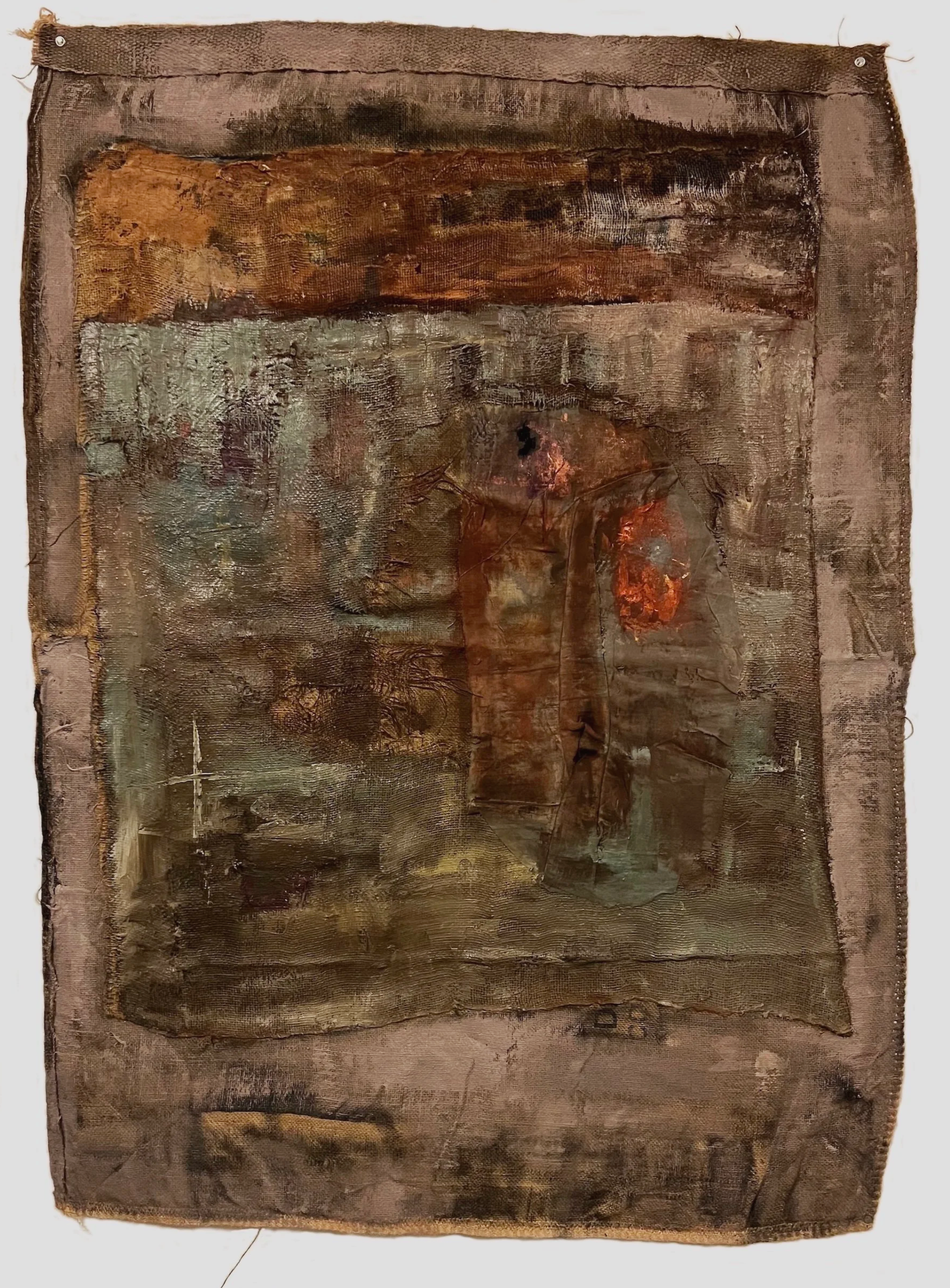 The Ashen Hearth. mixed media, collage on burlap. 139 x 102 cm. 2025