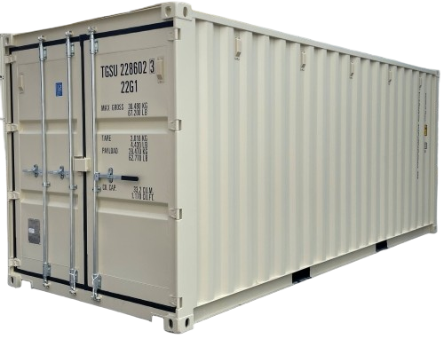 A beige shipping container with closed doors and metal locks.