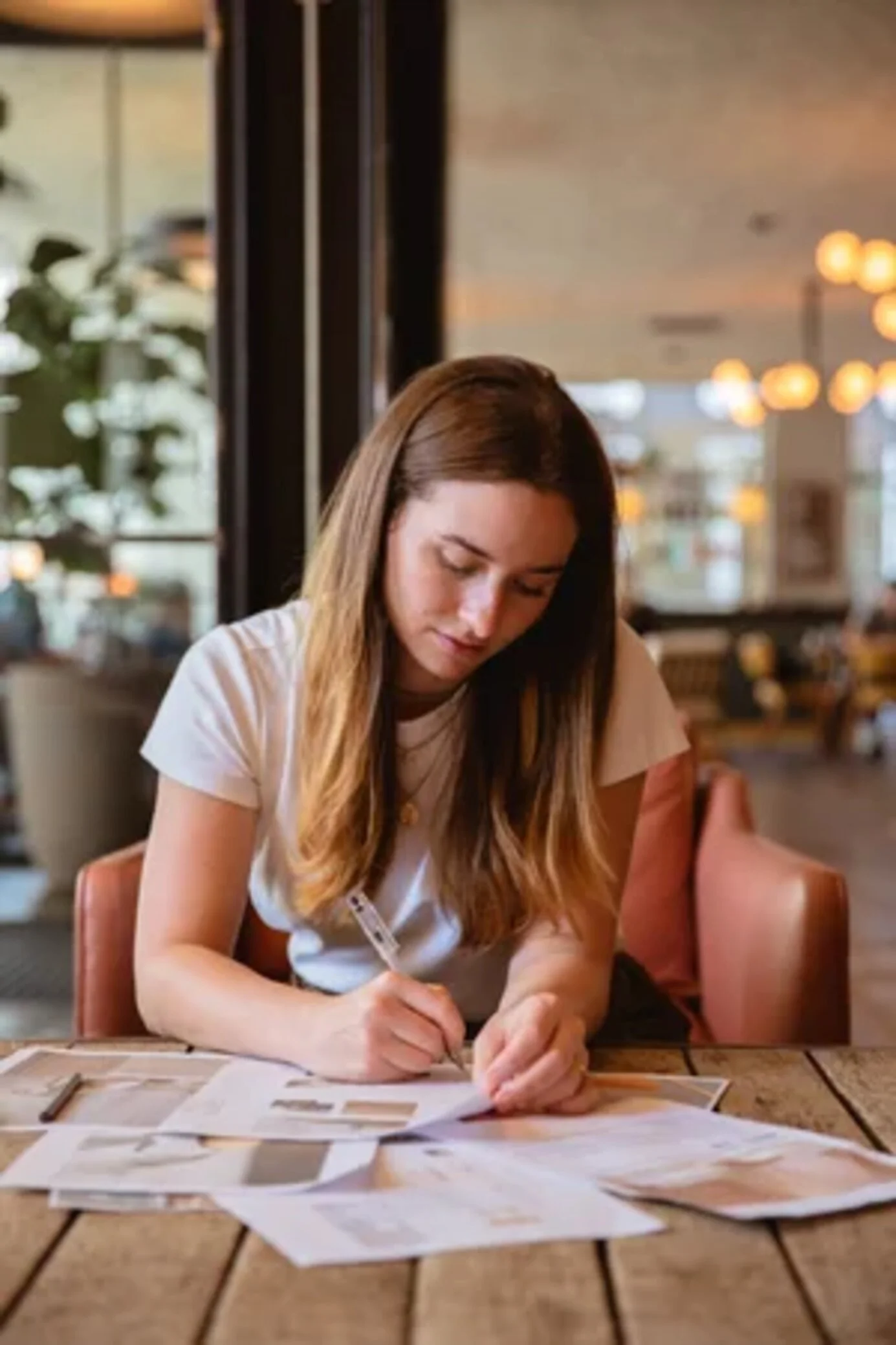 Hana Clode reviewing interior design materials as part of a considered website and SEO strategy.