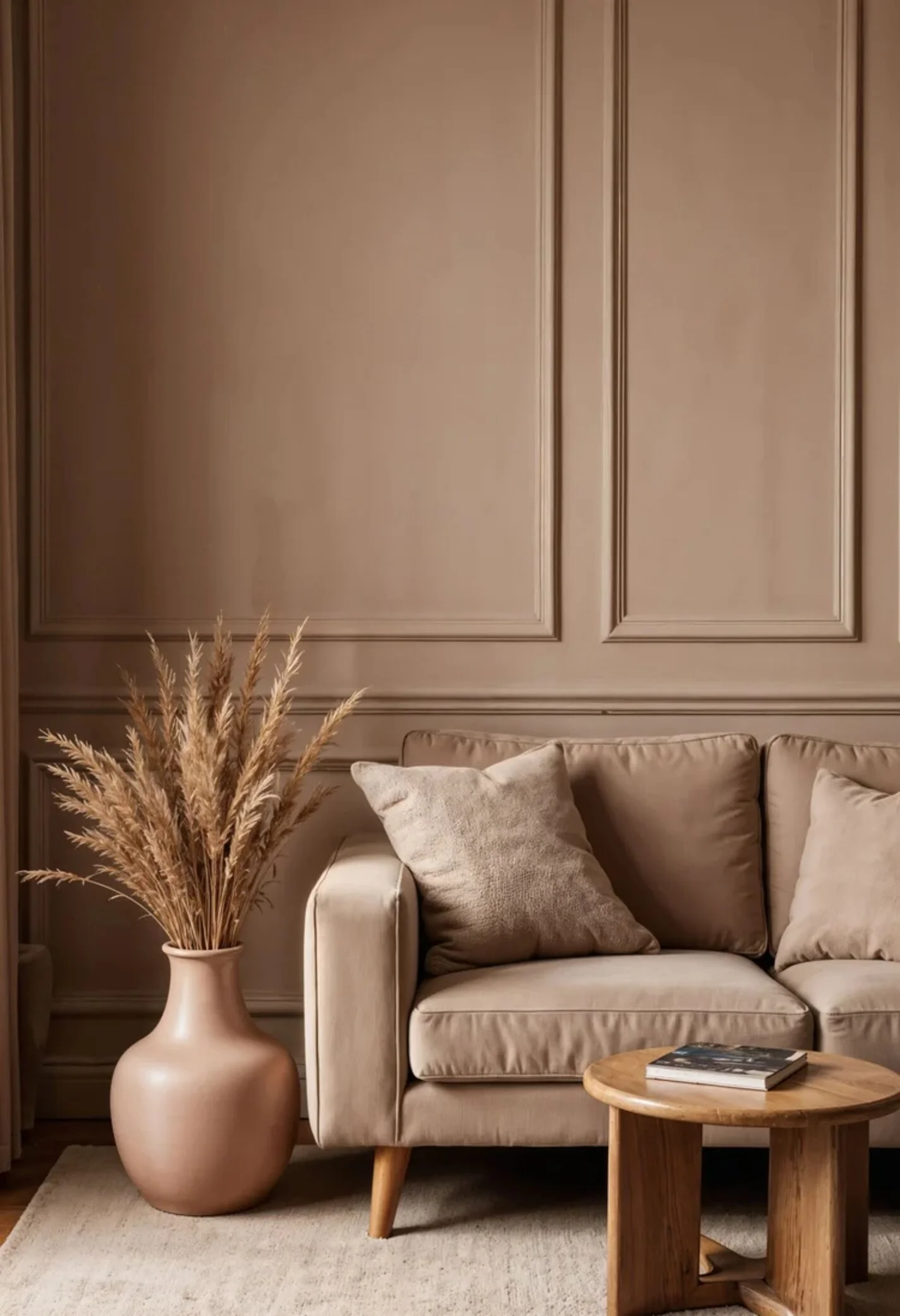 Neutral-toned living room with panelled walls, sofa and wooden coffee table