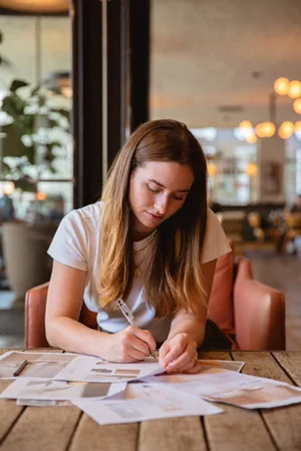 Hana Clode reviewing interior design materials as part of a considered website and SEO strategy.