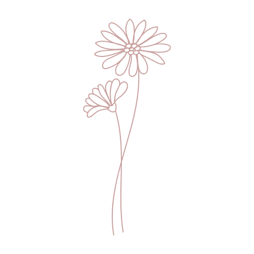 Outline drawing of two flowers on long stems, one larger and one smaller, with a black background.