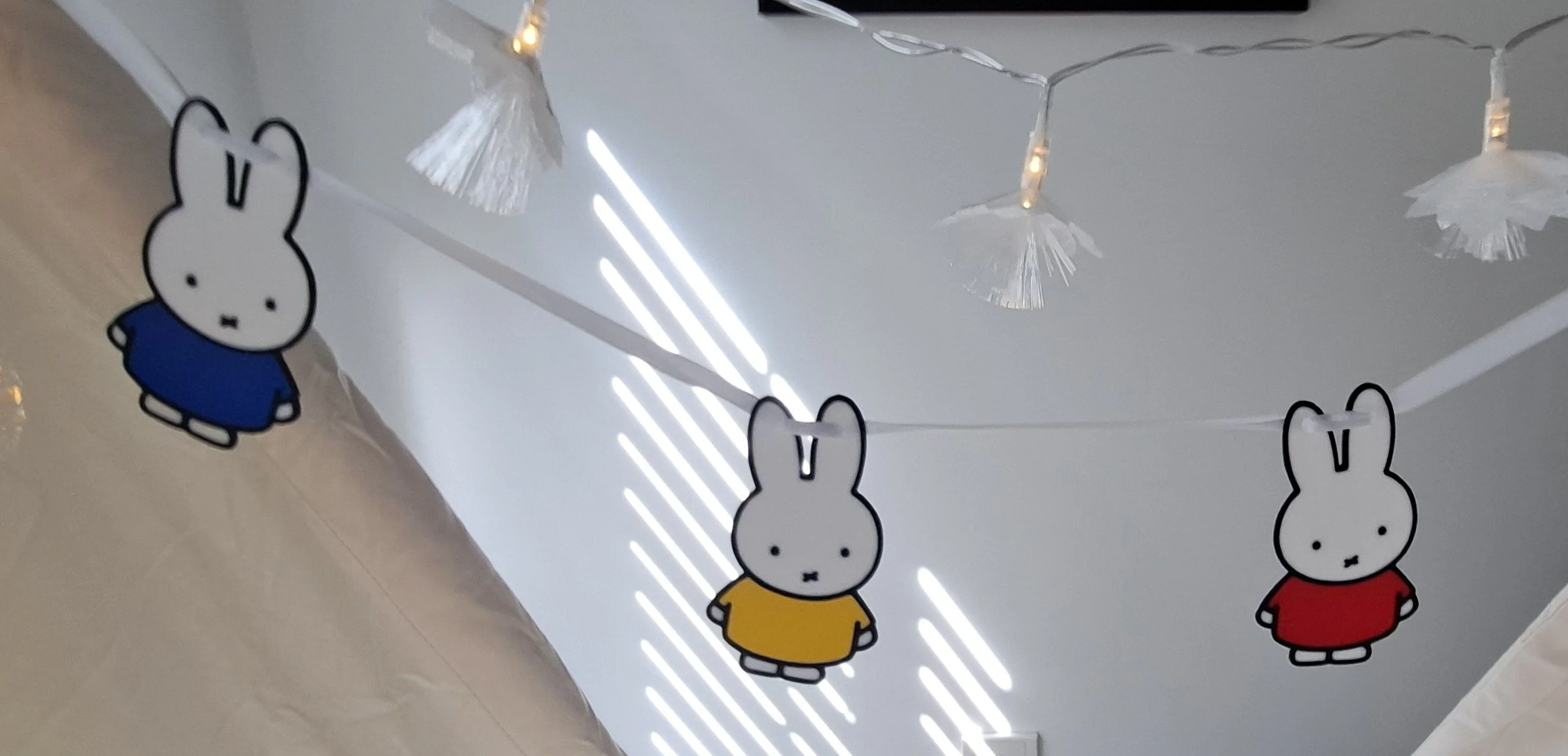 Miffy 3d printed party garland. Slumber party hire Geelong.