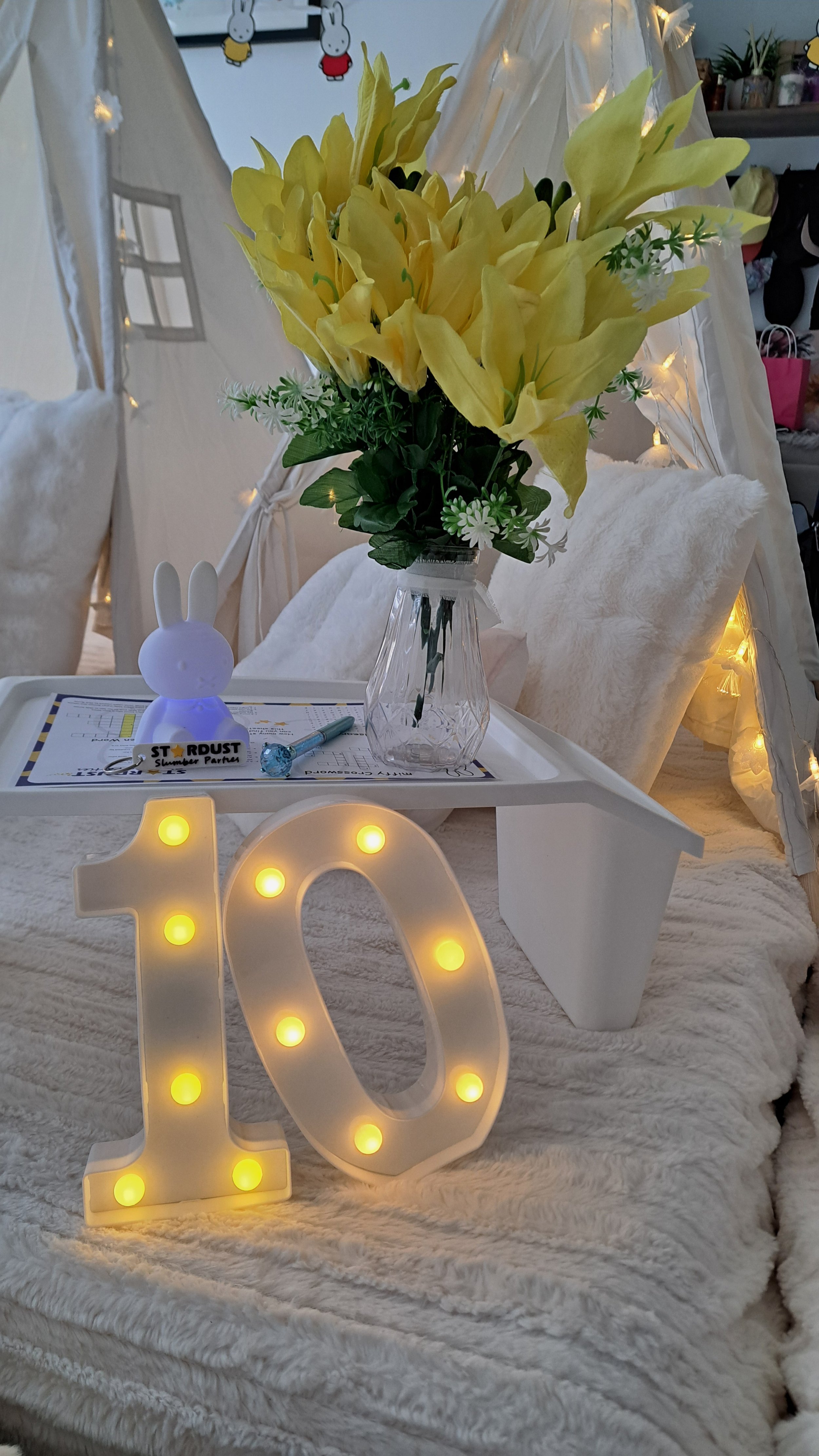 Miffy slumber party.  Teepee slumber party Geelong. White teepee and bedding with illuminated number 10 lights and miffy decor.