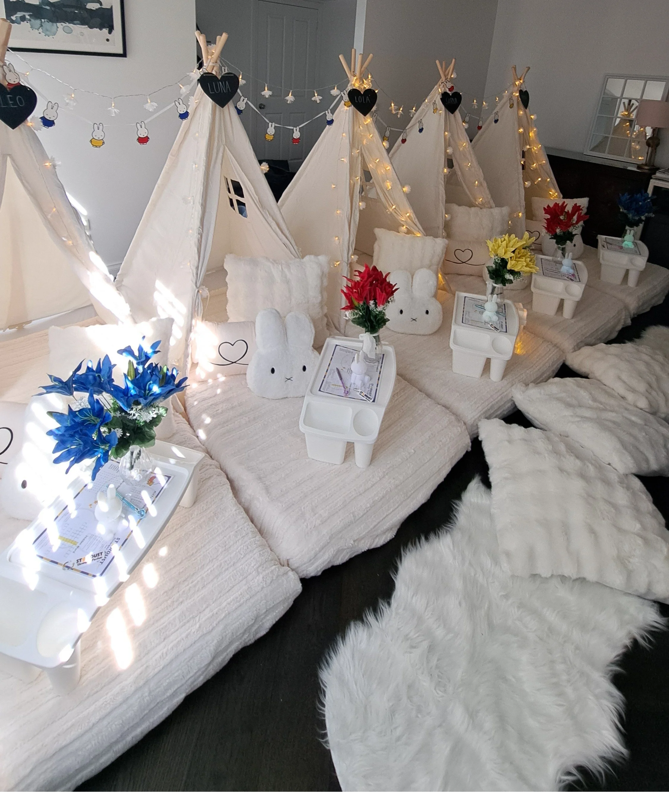 Miffy themed slumber party. Slumber Parties Geelong. White rabbit, Teepee party.