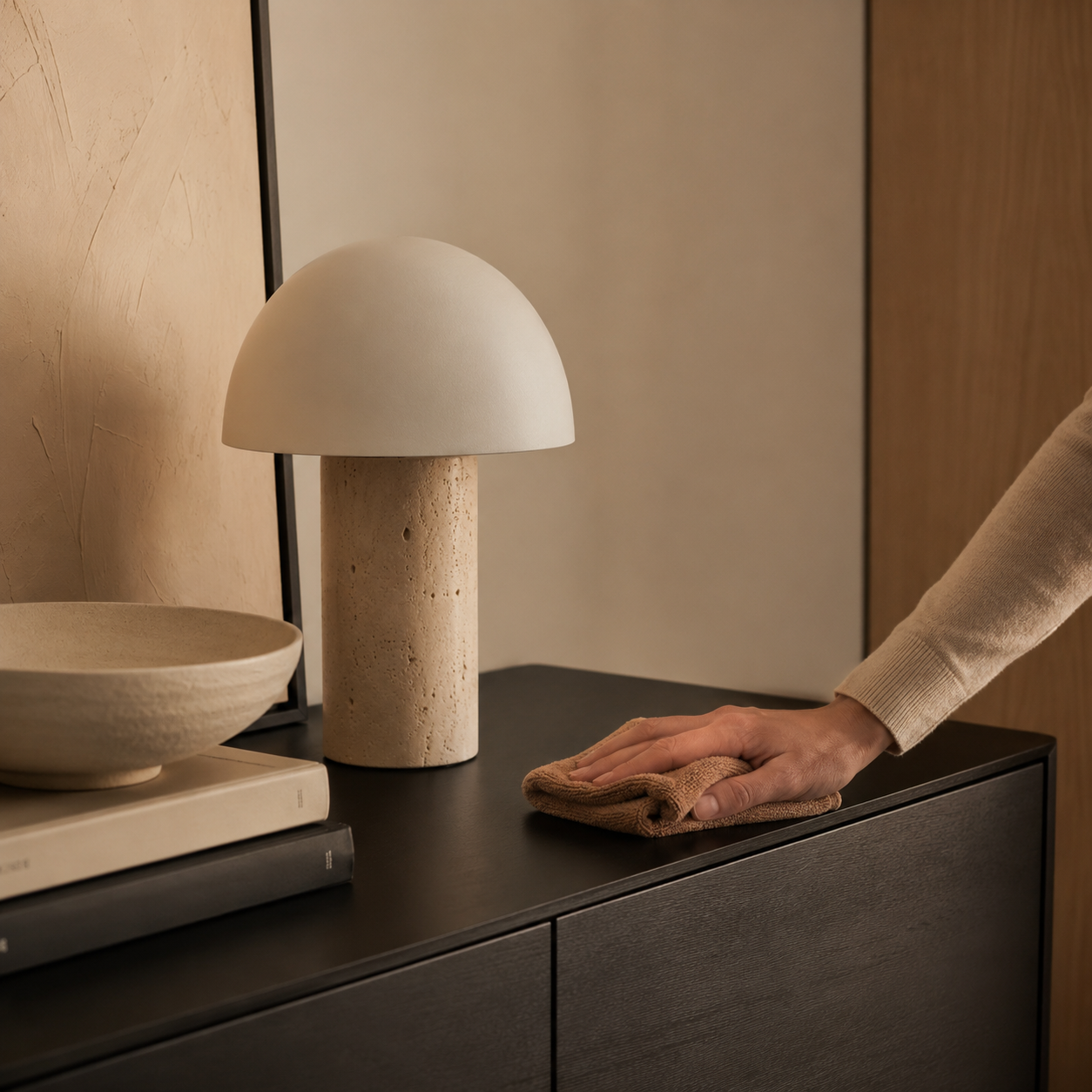 Person wiping a black cabinet with a cloth, next to a decorative lamp with a rounded white shade and textured cylindrical base on the cabinet.