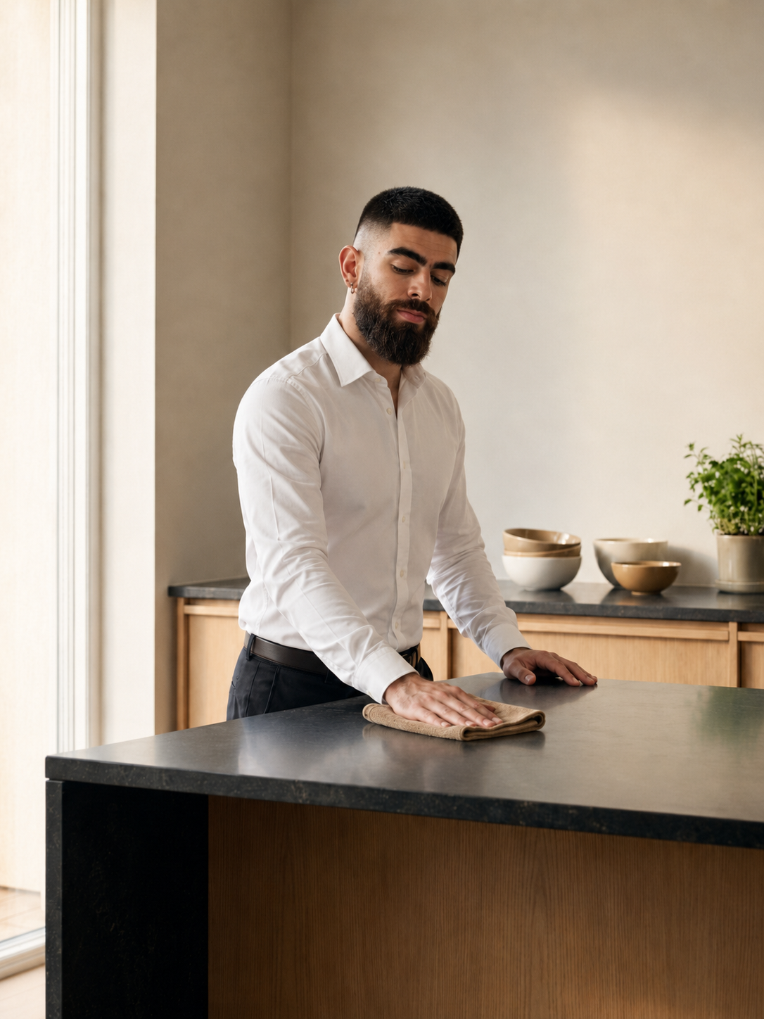 A man in a white shirt is cleaning a kitchen countertop with a cloth.