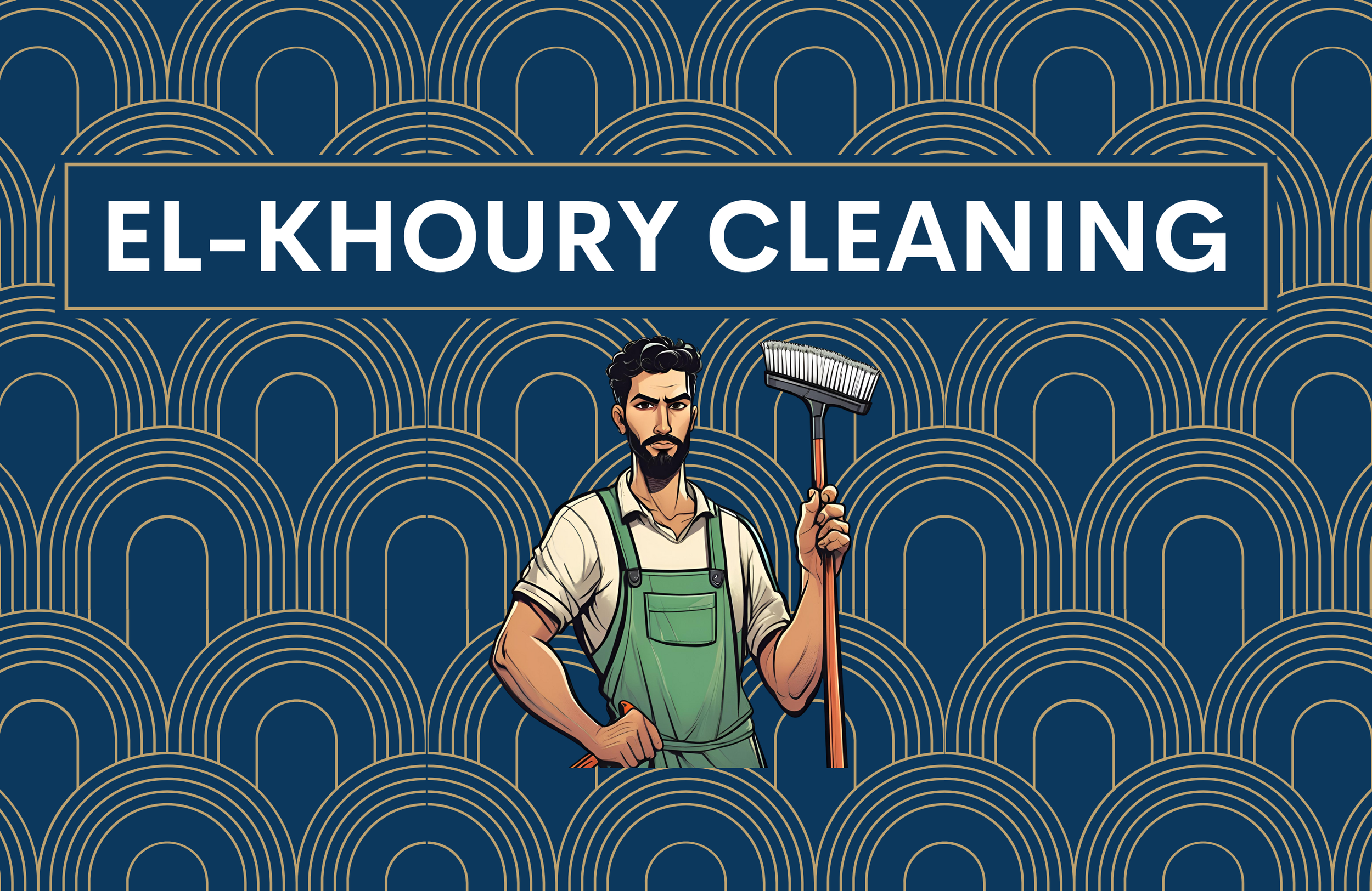 Illustration of a man with dark hair and beard wearing green overalls, holding a cleaning tool, in front of a decorative background with gold semi-circular patterns and a sign reading 'EL-KHOURY CLEANING'.