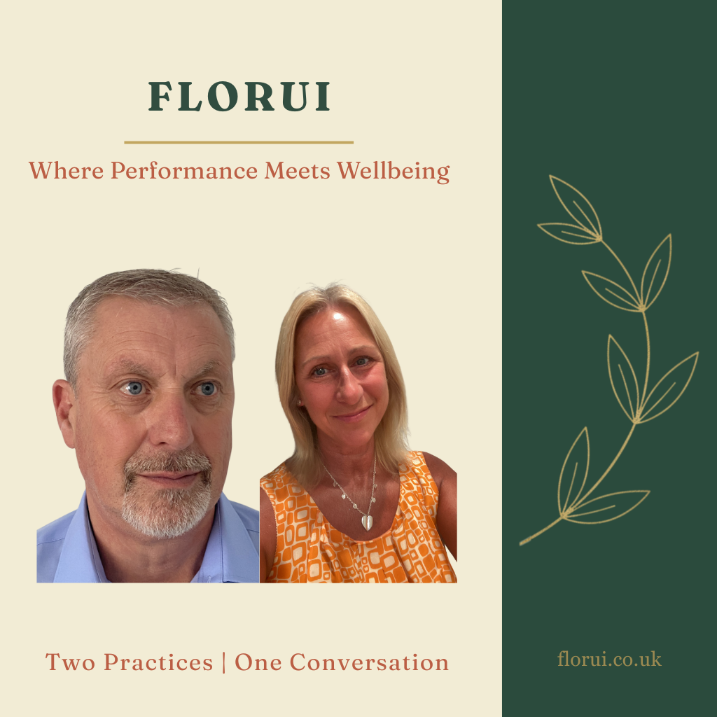 Cover of a podcast or webinar titled 'FLORUI: Where Performance Meets Wellbeing.' It features a photo of a man with gray hair and a beard wearing a light blue shirt, and a woman with blonde hair wearing an orange patterned top and a heart-shaped necklace. The background has a cream color with a dark green section on the right displaying a minimalist leaf illustration. The text at the bottom reads 'Two Practices | One Conversation' and the website 'florui.co.uk'.