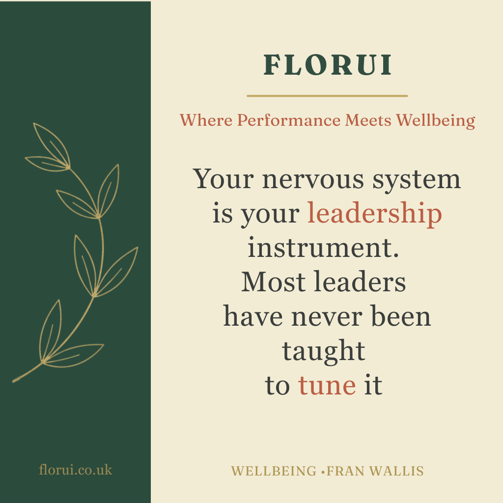 A motivational poster with a beige background and dark green accent, featuring a simple line drawing of a plant. Text promotes wellness and leadership training, mentioning Francis Wallis and the website Florui.co.uk.
