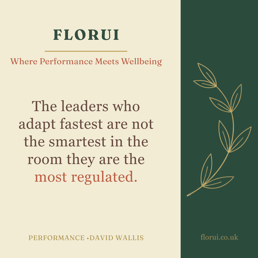 A motivational quote card with a beige background and dark green accents. The quote reads, "The leaders who adapt fastest are not the smartest in the room they are the most regulated." Attribution is to Performance by David Wallis, and the website is florui.co.uk. There is a decorative leaf illustration on the right side.