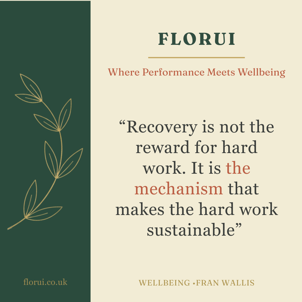 Design from Florui website with a beige background, dark green left strip with a gold line drawing of leaves, and a quote about recovery and hard work by Fran Wallis, with text in dark green and reddish-brown, and the website URL florui.co.uk at the bottom left.