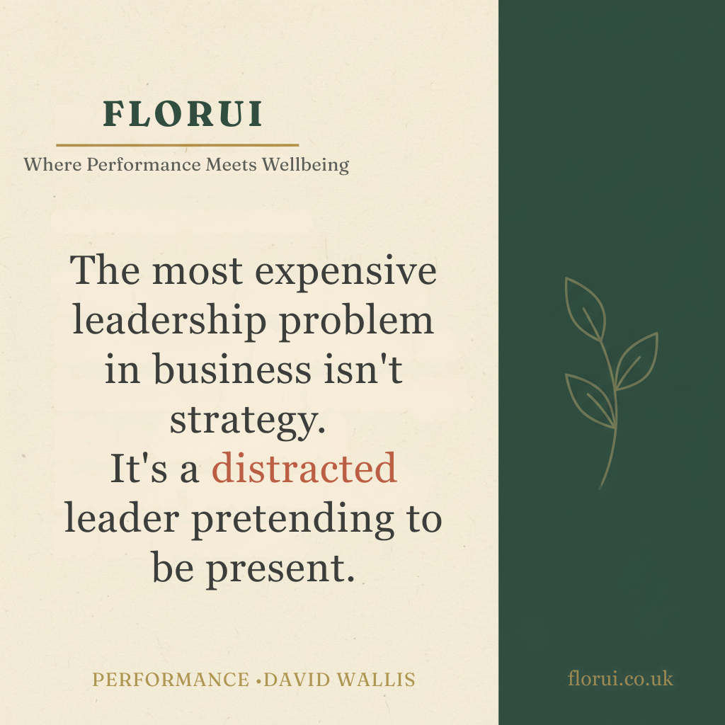A motivational quote about leadership on a two-tone green and beige background, with a small leaf illustration on the right.