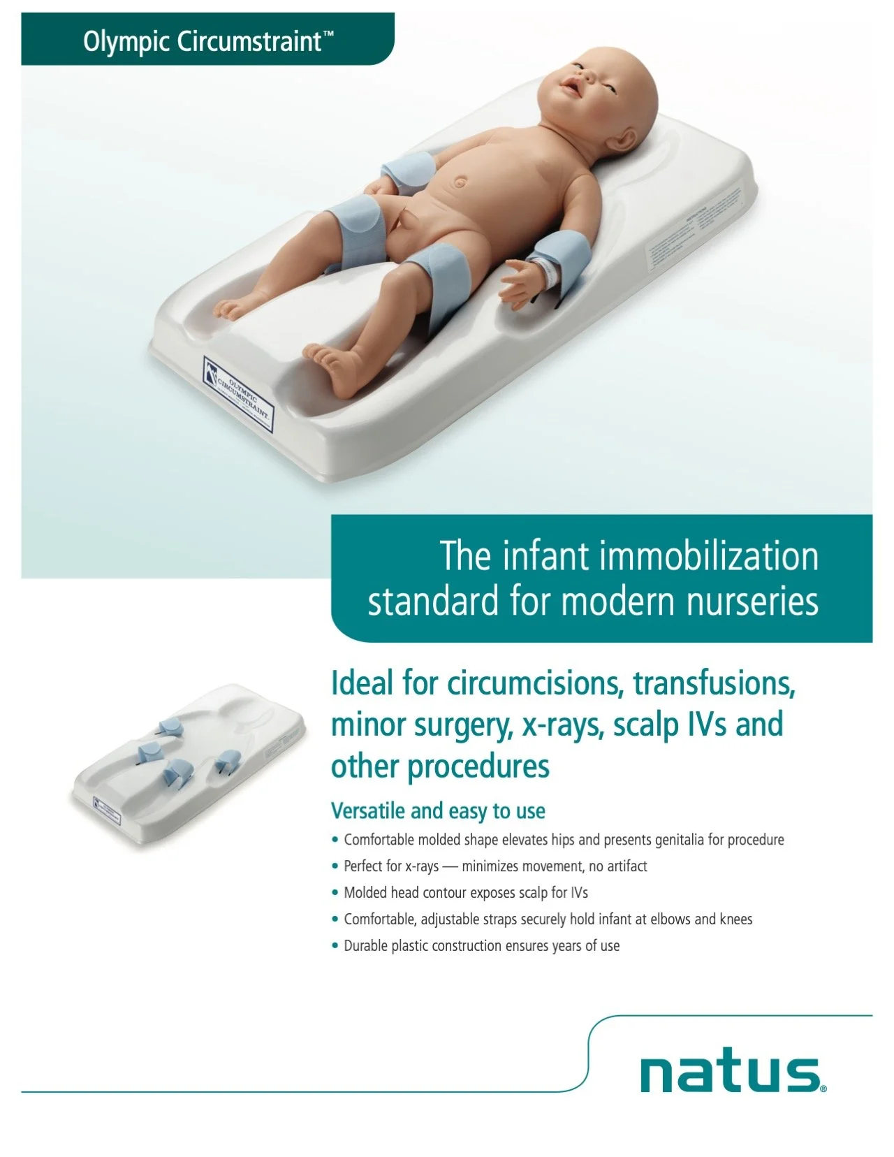 Infant mannequin on a medical immobilization device used in modern nurseries, for procedures such as circumcisions and minor surgeries.