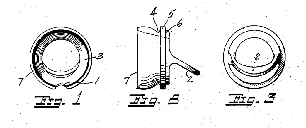 Technical drawing of a circumcision device component with three views: a top view, a side cross-section