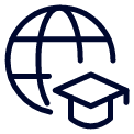 A navy blue globe icon with a graduation cap.