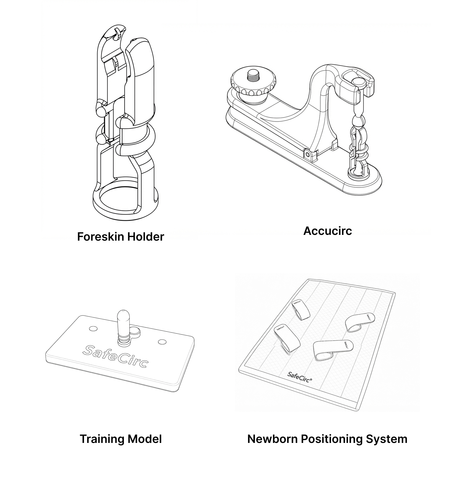 Line drawing of four medical or surgical tools, including a forekin holder, an Accucirc device, a training model, and a newborn positioning system, with labels beneath each item.