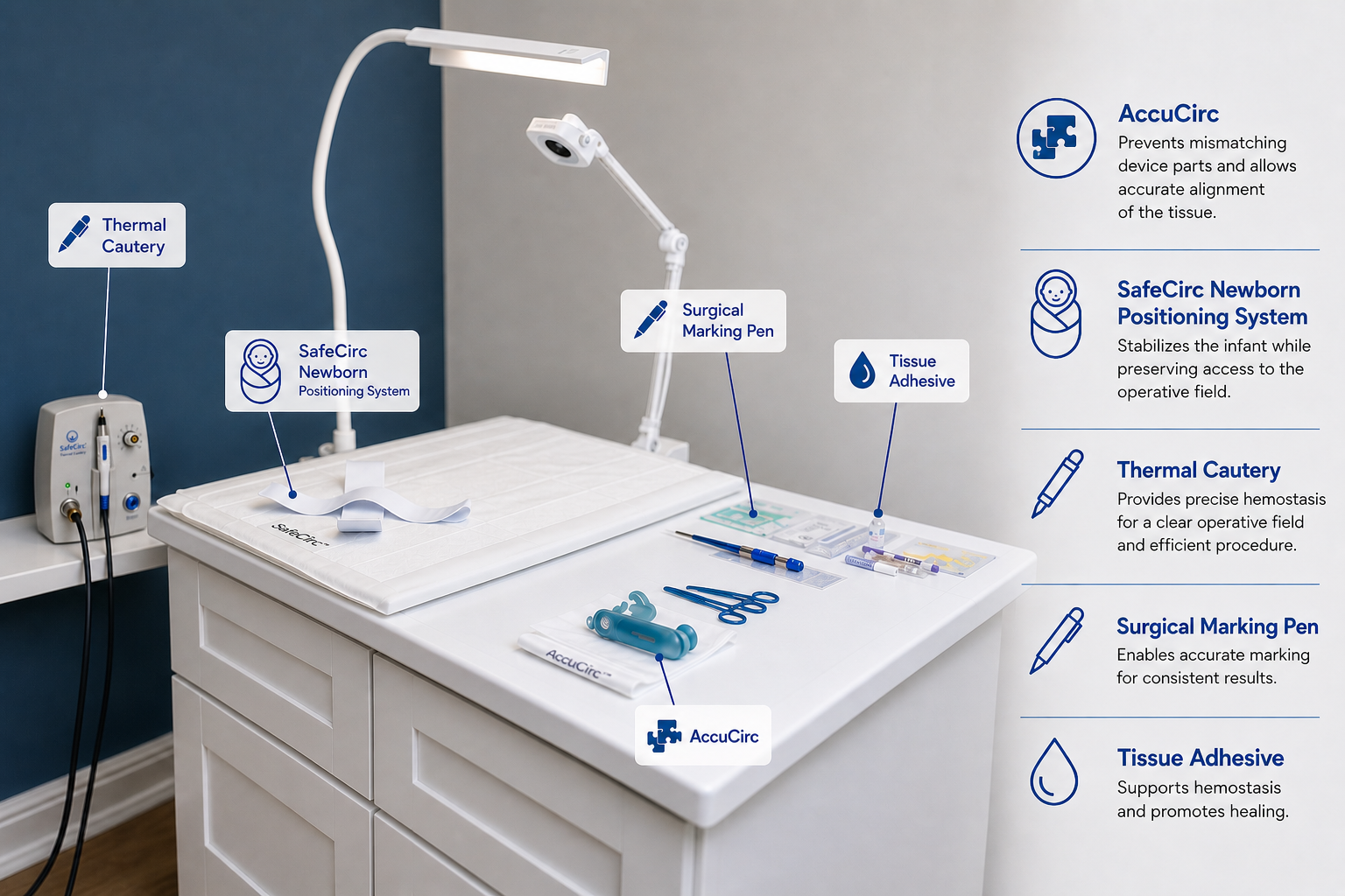 An organized medical station with various surgical tools and devices for newborn procedures