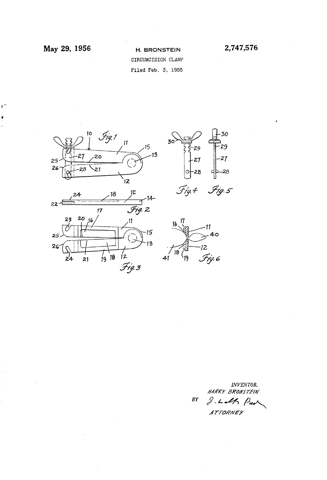 Patent diagram of a circummission clamp, with technical drawings and annotations from 1956.