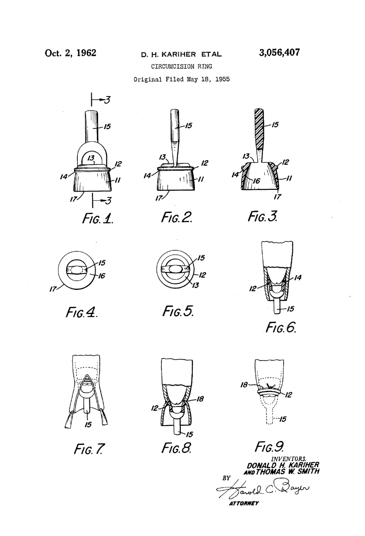 Patent diagrams of a circumcision ring with numbered parts and inventor signatures from 1962.