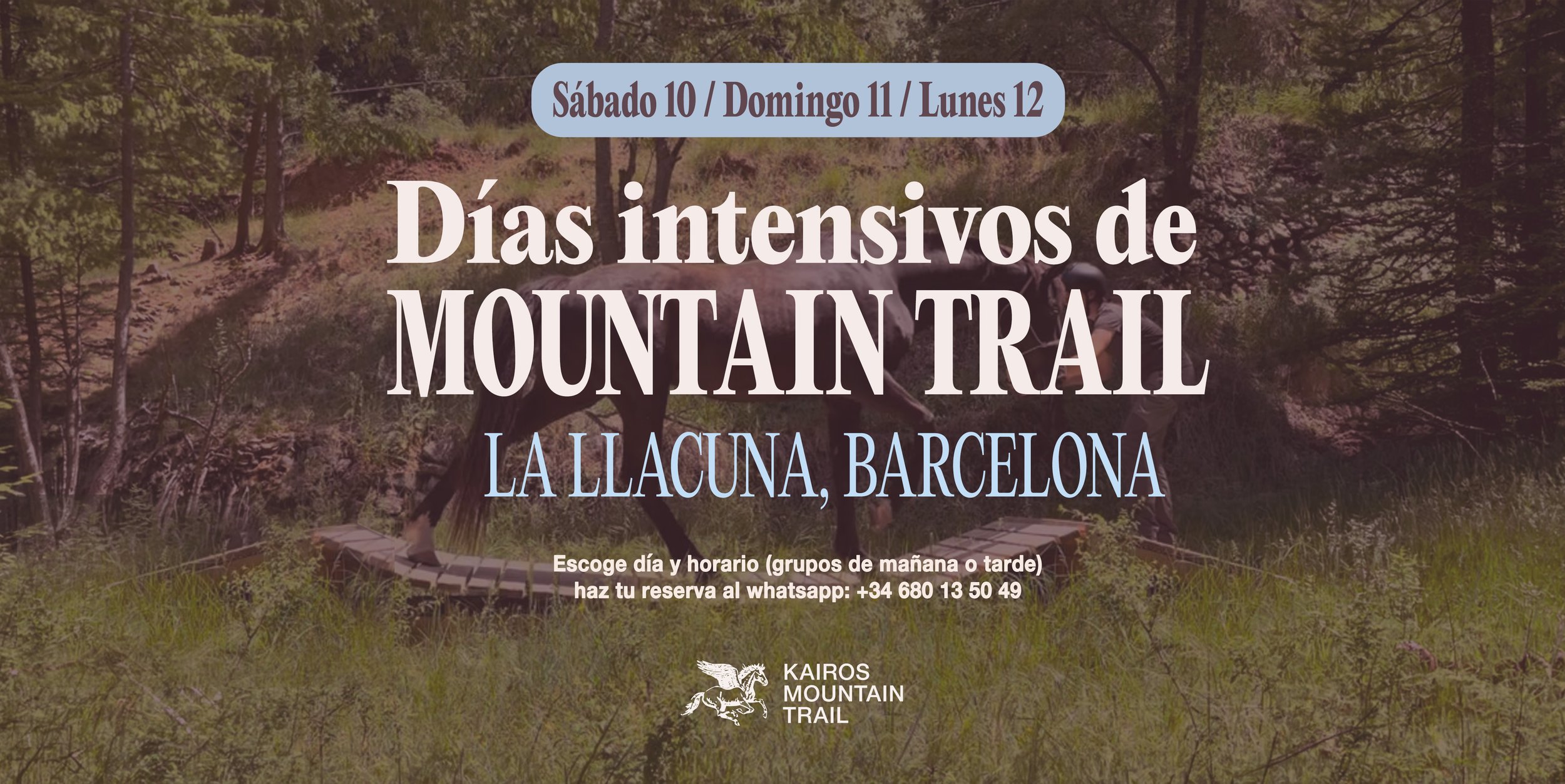 Montaña de La llacuna con obstáculo Puente colgante de mountain trail y caballo pasandolo junto a Ari Kairos. Se muestra texto de invitación a días intensivos.