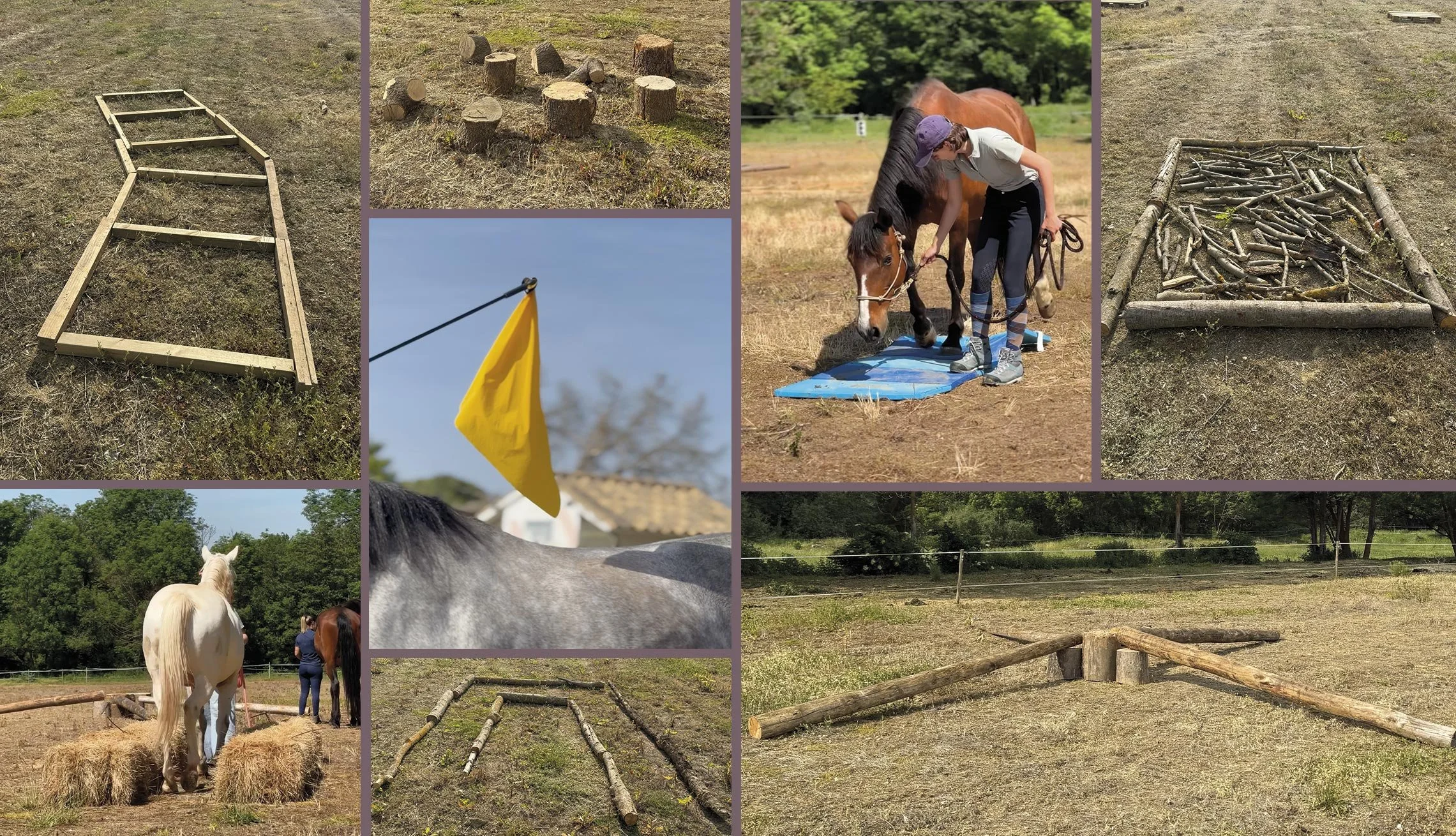 Diversas estructuras de madera y ramas para actividades al aire libre y juegos en un campo, acompañadas de caballos y personas en un entorno natural.
