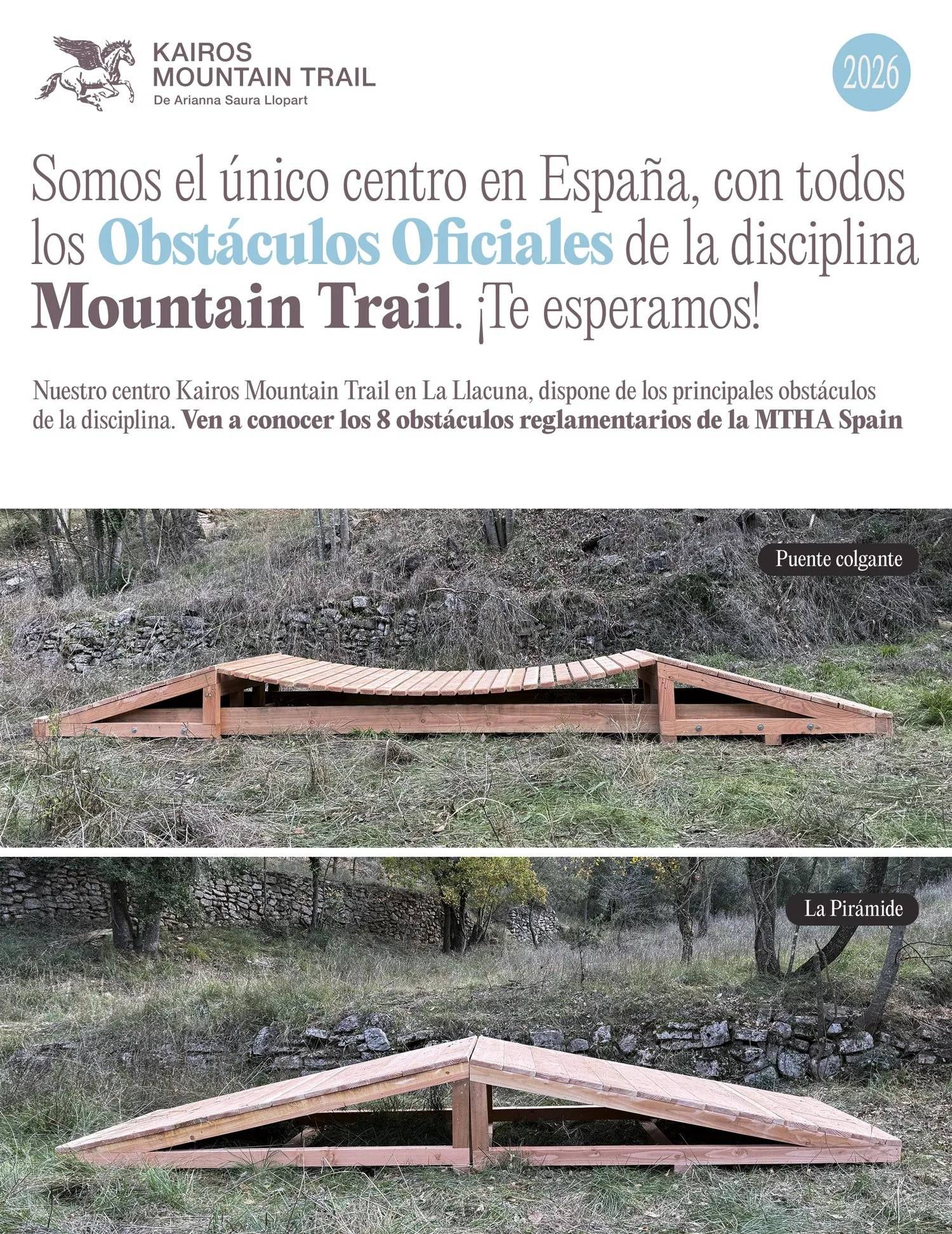 Collage que muestra una señal informativa sobre un centro de senderismo llamado Kairos Mountain Trail, una estructura tipo puente colgante de madera y una pirámide de piedra en un entorno natural.