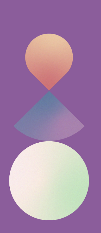 Formes géométriques abstraites avec un fond violet, comprenant un cercle en haut, un triangle inversé au centre, et un cercle large en bas avec des dégradés de couleurs pastel.