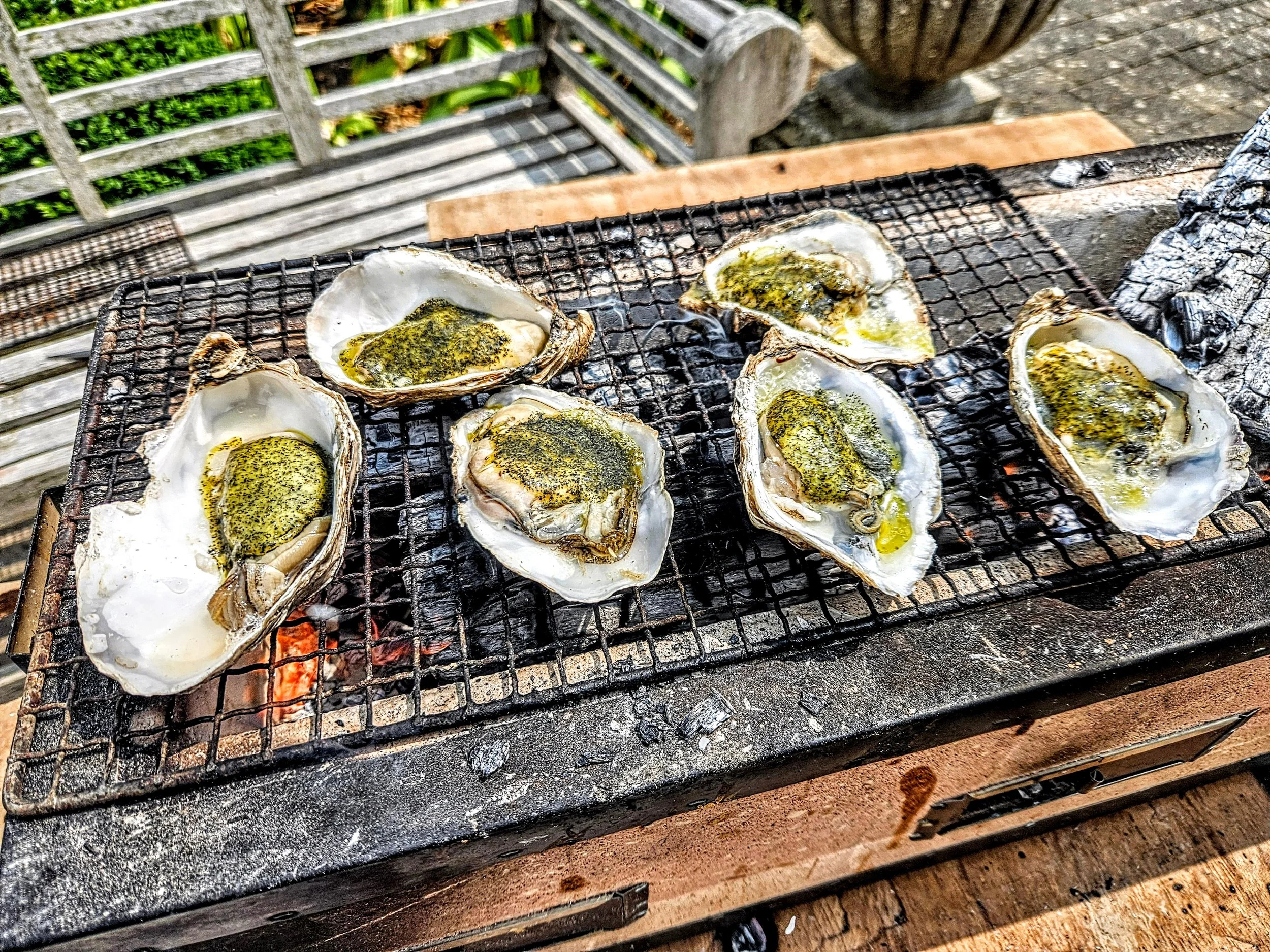 Grilled oysters on a wire rack over an outdoor grill with a wooden table and garden visible in the background.