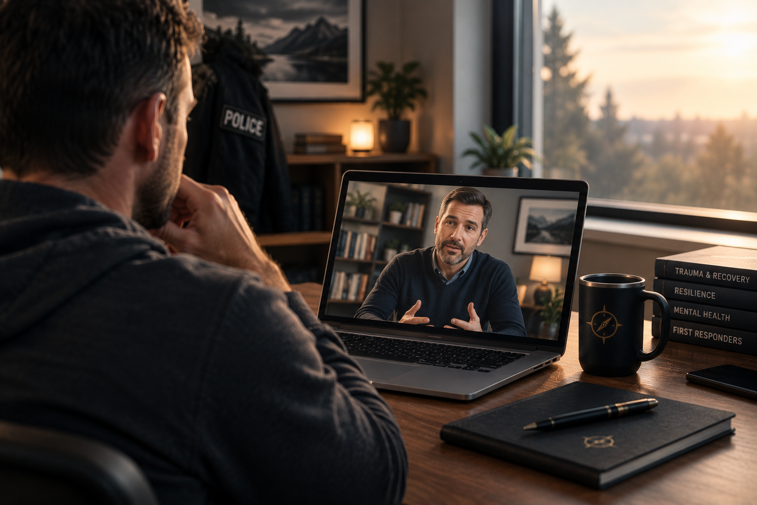 Public Safety officer in a virtual therapy session - online counseling Ontario